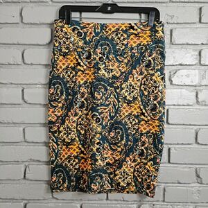 LuLaRoe Cassie Pencil Skirt Medium Teal Orange Yellow Paisley Geometric Knit